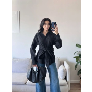 Kuşaklı Oversize Gömlek - SİYAH