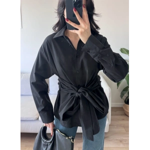 Kuşaklı Oversize Gömlek - SİYAH