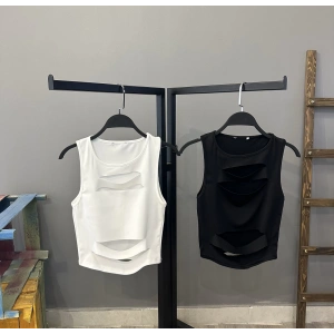 Lazer Kesim Sandy Kumaş Crop-BEYAZ