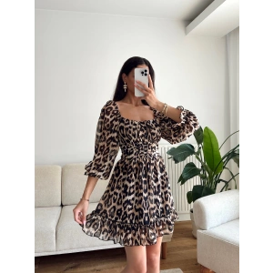 Leopar Desenli Volanlı Elbise