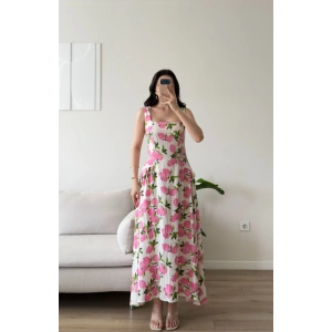 Desenli Kare Yaka Maxi Elbise - PEMBE