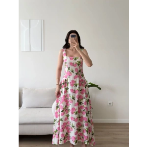 Desenli Kare Yaka Maxi Elbise - PEMBE