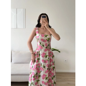 Desenli Kare Yaka Maxi Elbise - PEMBE