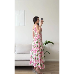 Desenli Kare Yaka Maxi Elbise - PEMBE