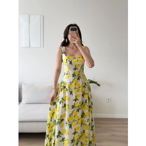 Desenli Kare Yaka Maxi Elbise - SARI