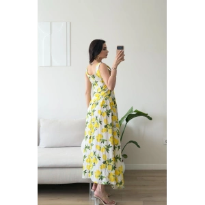 Desenli Kare Yaka Maxi Elbise - SARI