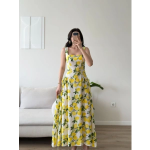 Desenli Kare Yaka Maxi Elbise - SARI