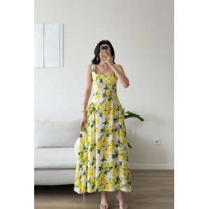 Desenli Kare Yaka Maxi Elbise - SARI