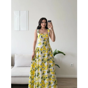 Limon Desen Dokuma Maxi Elbise - SARI