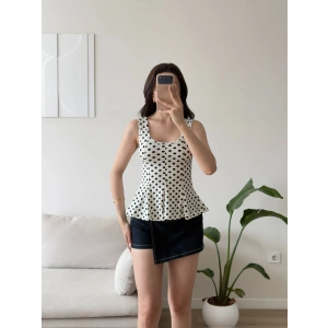 Luna Puantiyeli Peplum Bluz - BEYAZ