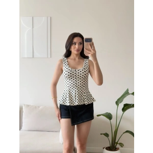 Luna Puantiyeli Peplum Bluz - BEYAZ