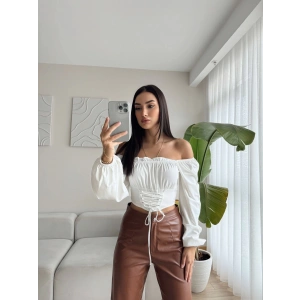 Madonna Yaka Bağcıklı Bluz - BEYAZ