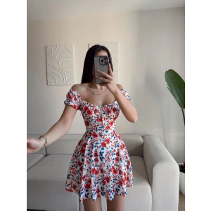 Madonna Yaka Çiçek Desen Elbise - BEYAZ