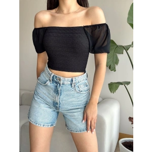 Madonna Yaka Kol Tül Crop-SİYAH