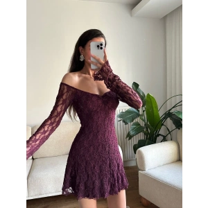 Madonna Yaka Dantel Astarlı Elbise - MOR