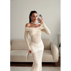 Madonna Yaka Dantel Elbise - EKRU