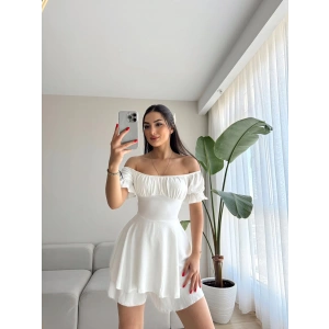 Madonna Yaka Lastikli Şortlu Elbise-BEYAZ