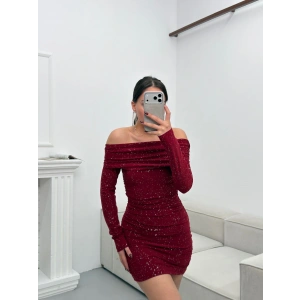 Madonna Yaka Simli Elbise - BORDO