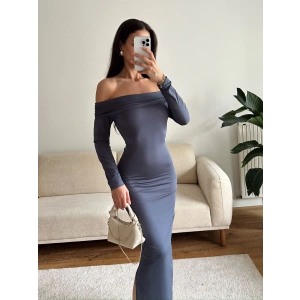 Madonna Yaka Yırtmaçlı Long Elbise - FÜME