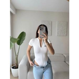 Marka Fermuar Bodysuit - BEYAZ