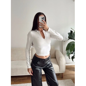 Marka Fermuar Crop - BEYAZ