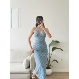 Mila Boyundan Bağlamalı Drapeli Uzun Elbise- MAVİ EKOSE