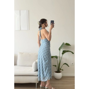 Mila Boyundan Bağlamalı Drapeli Uzun Elbise- MAVİ EKOSE