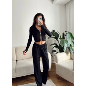 Modal Fermuar Crop & Pantolon Takım - SİYAH