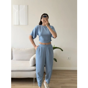 Modal Yan Büzgü Crop İkili Takım - MAVİ