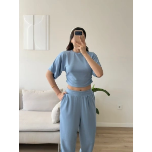 Modal Yan Büzgü Crop İkili Takım - MAVİ