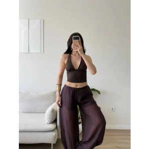 Balon Transparan Şortlu Pantolon - KAHVE