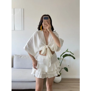 Müslin Kimono Etekli Takım - BEYAZ