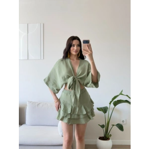 Müslin Kimono Etekli Takım - YEŞİL