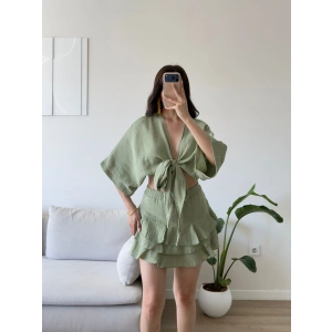 Müslin Kimono Etekli Takım - YEŞİL