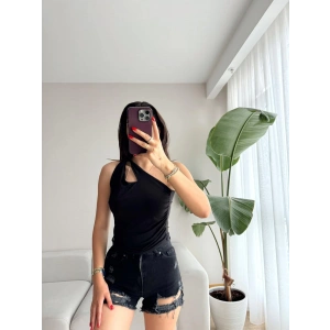 Omuz Damla Detay Crop-SİYAH