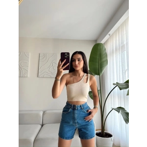 Omuz Damla Detay Kaşkorse Crop-BEJ