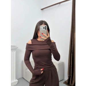 Omuz Damla Madonna Bluz - KAHVE