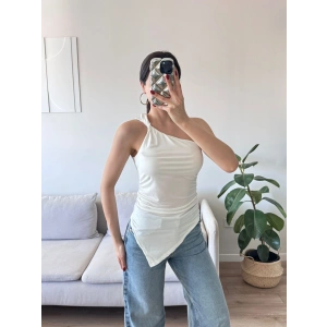 Omuz Dekolte Asimetrik Bluz - BEYAZ