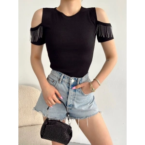 Omuz Dekolte Kaşkorse Crop-SİYAH