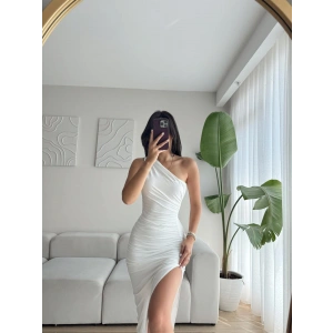 Omuz Detay Drapeli Elbise-BEYAZ