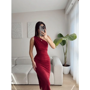 Omuz Detay Drapeli Elbise - BORDO