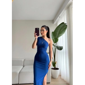 Omuz Detay Drapeli Elbise-MAVİ