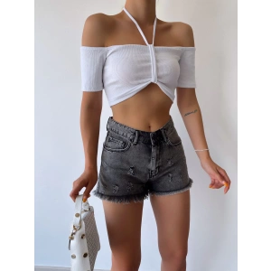 Omuz Detay Kaşkorse Crop-BEYAZ