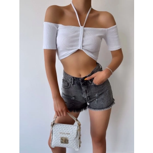Omuz Detay Kaşkorse Crop-BEYAZ