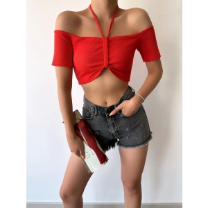 Omuz Detay Kaşkorse Crop-KIRMIZI