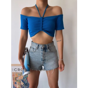 Omuz Detay Kaşkorse Crop-MAVİ