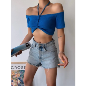 Omuz Detay Kaşkorse Crop-MAVİ
