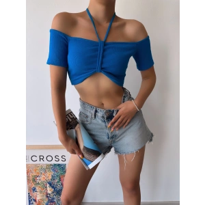 Omuz Detay Kaşkorse Crop-MAVİ