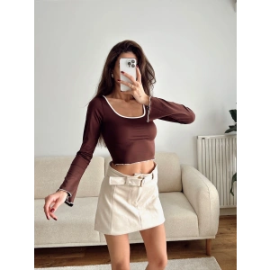 Ön Arka Oval Biyeli Crop - KAHVE