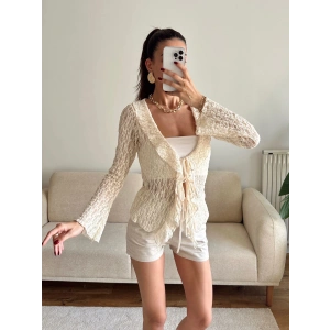 Ön Bağlamalı Dantel Hırka - BEJ